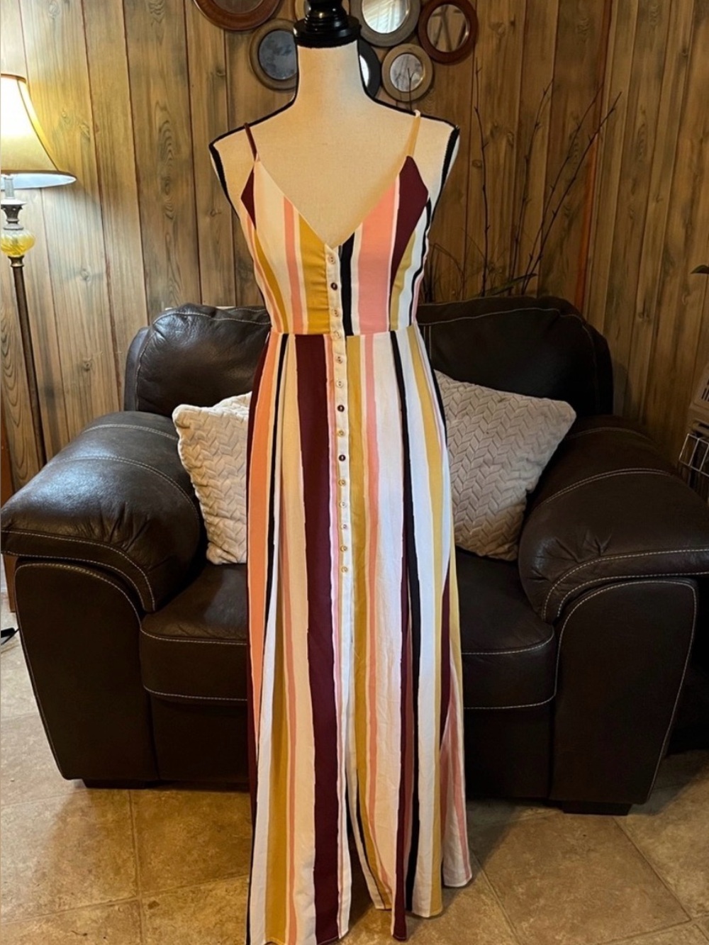 L'ATISTE Striped Maxi Dress in Burgundy, Mustard, White and Pink